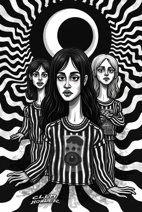 Psychedelic band art in black and white for an artist named “Clem Howler”