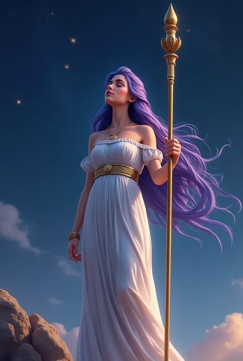 Goddess Athena, Woman wearing a white dress, with long purple hair, holding a golden staff with a rounded tip in his right hand. The woman is looking at the sky with her eyes closed. Night scene with sky full of stars in ancient Greece