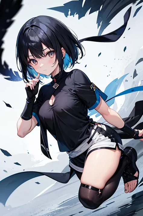 A , white eyes, Dark blue short hair, shy, black blouse, Kunoichi, 