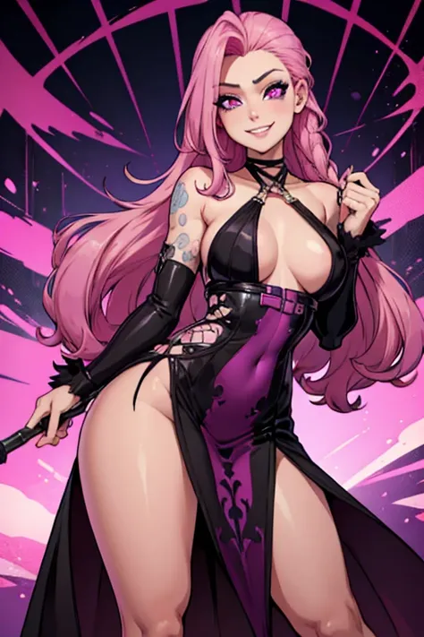 Perfect face. Perfect hands. A pink haired woman with violet eyes and an hourglass figure is wearing a sexy club dress in a gothic ballroom with a big smile
