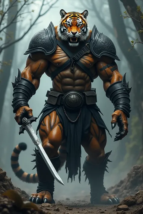 tiger man, tiger with a man&#39;s body and tiger skin, with black stripes on the body and arms, with black armor,muscled body, tiger man fighter, ((misty)), ((Gothic)) with sword in hand, hostile environment, 