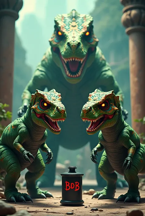 2 t-rex green dinosaur in the front, 1 big green t-rex in the back, they have orange eye, black pupil, angry, blue, yellow and red mask on the face, we see there angry eyes under the mask, katana, ninja suits, cartoon mode, they are looking a black can wit...