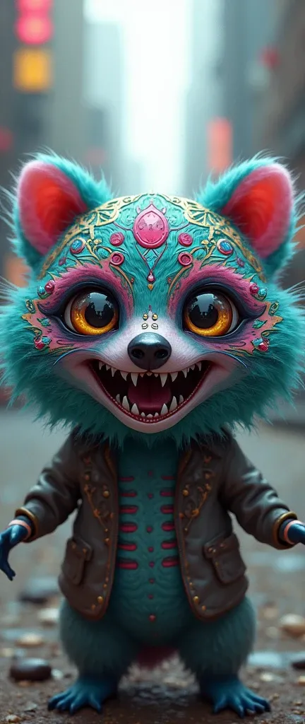 A dreamlike, surreal image of a cute extra fluffy baby realistic raccoon with a skull-like face. The creature is vibrant and intricately designed, with shades of blue, pink, green, and yellow. It has large, hollow eyes that are reflective, and its mouth is...