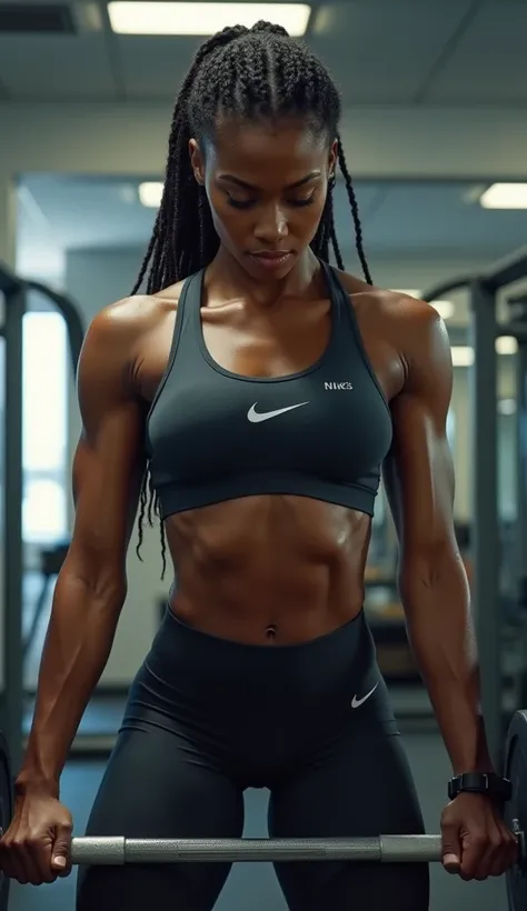 Great, work of art, gym clothes, body hair, skin black, Side braids, best qualityer, Woman, doing the 30kg barbell curl exercise, perspiring, Making an effort, great quality, 4K, realisitic, detailded, best qualityer, Nike brand clothing 