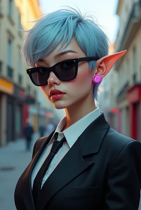 ((Best Quality)), ((masterpiece)), (detailed), (original), (realist), a young woman with vibrant silver hair, blue hair tips, with a slightly messy style, pixie cut, His striking light blue eyes., and has light freckles scattered across her face. Elf&#39;s...