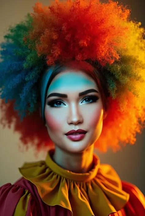 a beautiful female clown with a huge rainbow afro, beautiful detailed eyes, beautiful detailed lips, extremely detailed face and skin, porcelain doll skin, cinematic lighting, warm color tones, fantasy, digital art, highly detailed, masterpiece, photoreali...