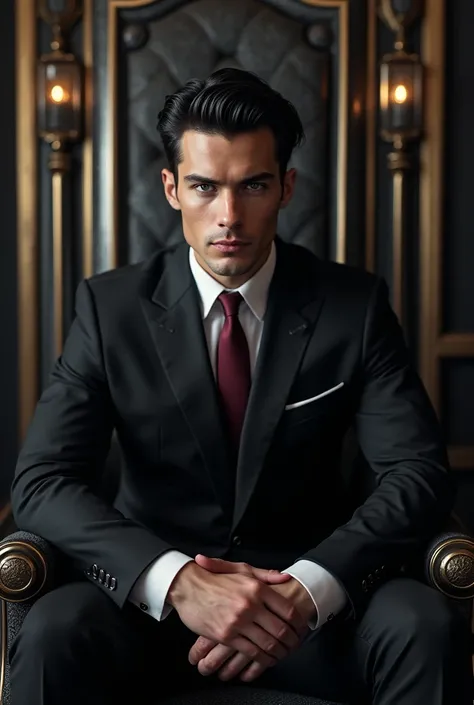 Young white man, Prince, with cold features, dark black shiny hair, Serious blue eyes, marked jaw, black suit and wine tie, with a serious and meticulous expression, sitting on a throne made of metal and silver, with dark and elegant room in the background...