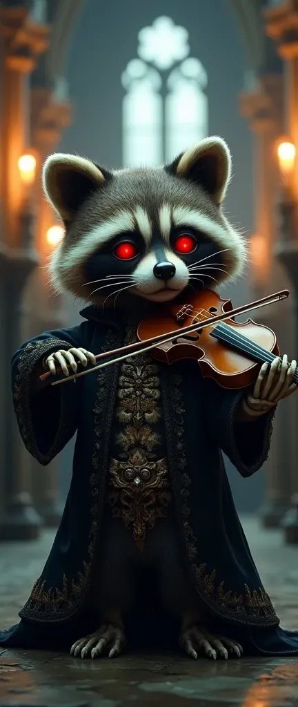 A photo of a gothic cathedral or castle with a hauntingly intricate scene. A skeleton of a fluffy baby raccoon, adorned in ornate dark clothing, is playing a violin with a poised and haunting demeanor. The raccoons face is a textured, decaying mask, reveal...