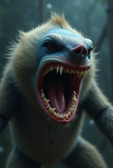 Mandrill monkey screaming with the body of a shark