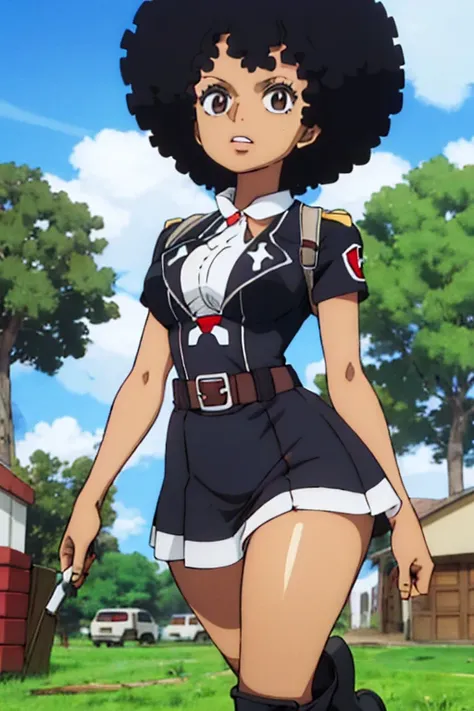 1 female, afro hair, black afro hair black girl afro hair, darker skin, brown skin, huge breast, thick legs, light blue eyes, team rocket uniform, white mini skirt, boots, home