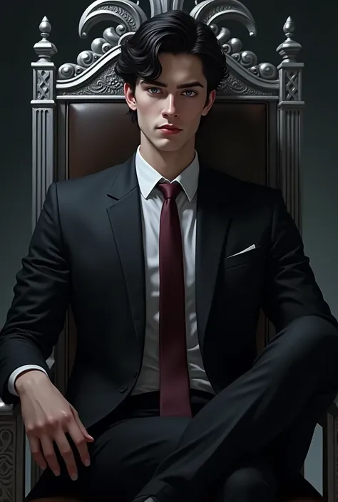 Young white man, characteristics of royalty and cold, dark black shiny hair, Serious blue eyes, marked jaw, black suit and wine tie, with a serious and meticulous expression, sitting on a throne made of metal and silver, with dark and elegant room in the b...