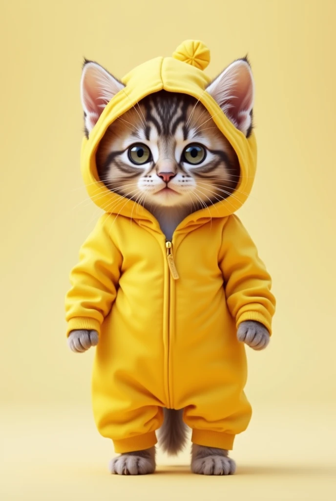 Kitten standing wearing a cotton lemon suit with a hood