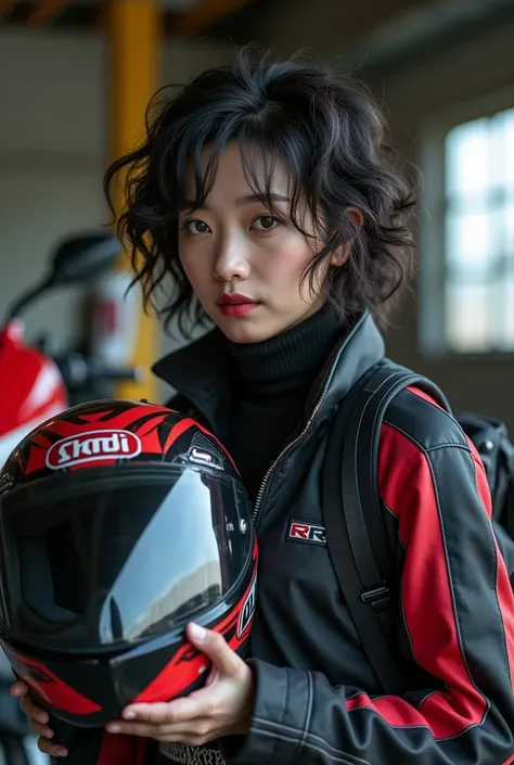 documentary photo, realistic, dramatic scene, very beautiful Japanese high school girl, famous beautiful Japanese idol, cute woman, punk rock styled mature bad girl, short curly-haired, standing at the side of a motorcycle, at a bike repair shop, masterpie...