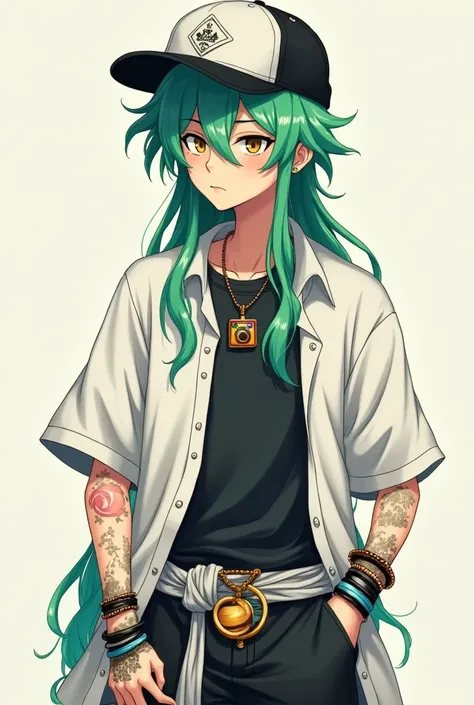 
A boy a little older than  With green hair down to his back, white shirt and, under this, a black t-shirt. He has a cap with a black edge and a white front.. His pants are cream colored, and his shoes are green. The bracelets she wears are from the muses ...