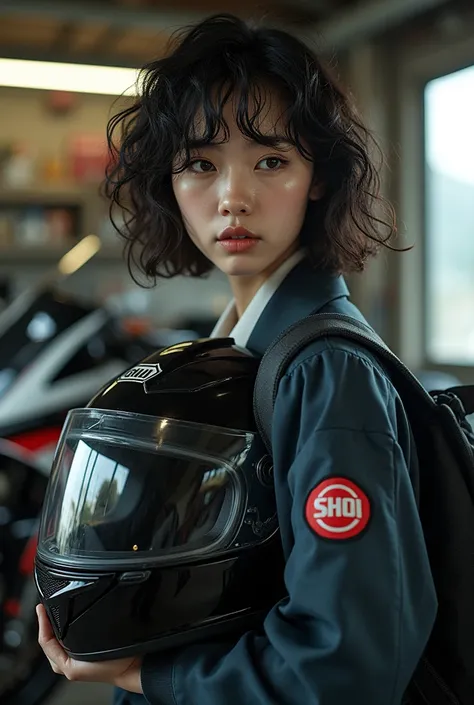 documentary photo, realistic, dramatic scene, very beautiful Japanese high school girl, famous beautiful Japanese idol, cute woman, punk rock styled mature bad girl, short curly-haired, standing at the side of a motorcycle, at a bike repair shop, masterpie...