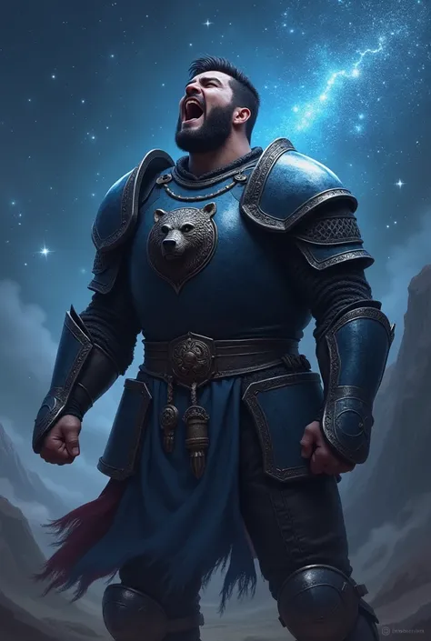 A knight wearing dark blue metallic medieval armor. A bear&#39;s head carved into the chest of the armor. Big man, dark-haired and short, in a power pose and screaming. In the sky the constellation of the bear shining, Ancient Greece 