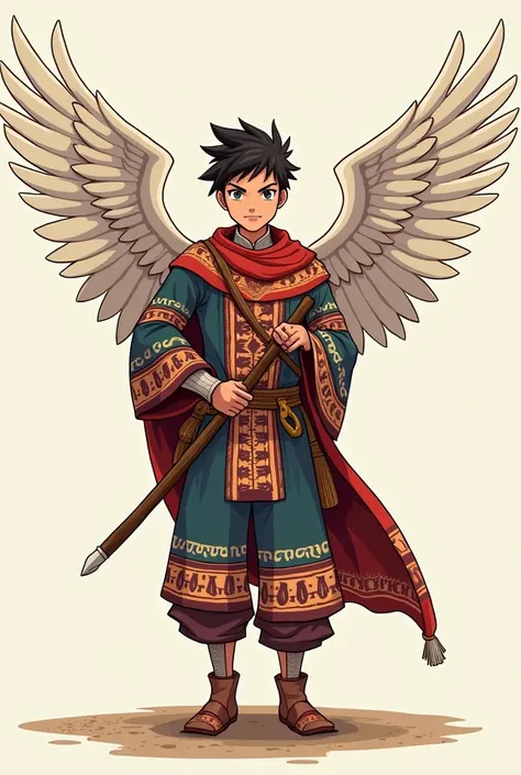 Simple anime drawing of a man in a Bolivian tobas costume and wings 