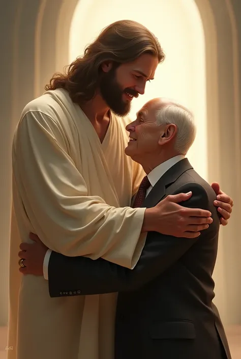 Jesus Christ hugging Russell M. Nelson dressed in a suit