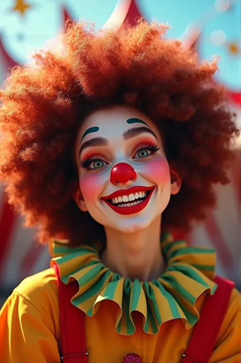 Female clown with a massive afro 