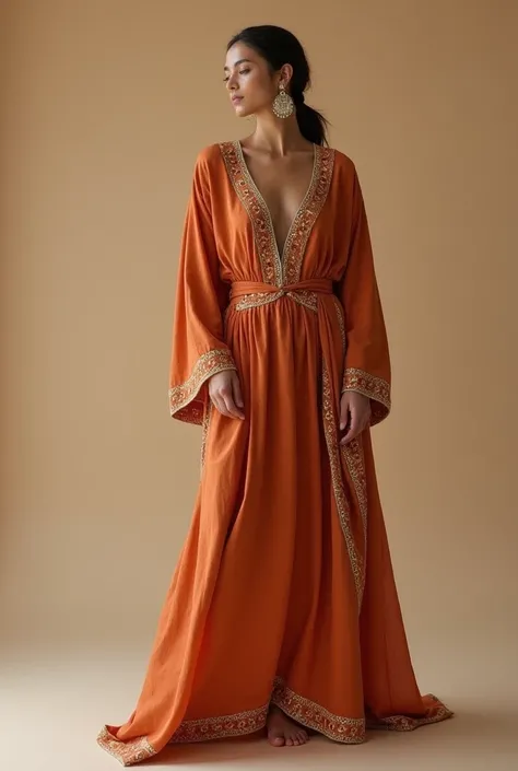 Certainly! Imagine a caftan that blends tradition with a bold, contemporary design.. This caftan is made from soft Egyptian cotton., which is lightweight and suitable for all seasons. The base color is a warm terracotta, reminiscent of fertile land and sun...