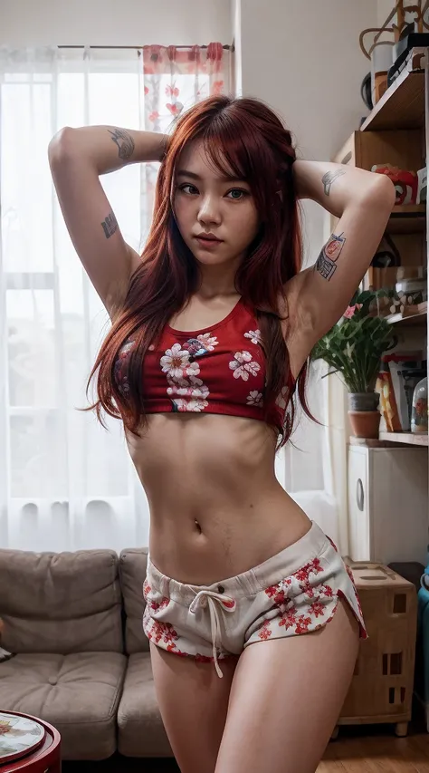 2teenage girl, mongoloid,asian woman, drak skin, red hair random styles, tatto flower on the stomach, wearing random tshirt, living room, lifting up red spaghetti tank top, wearing hot pants with opened button, flashing , full body, white sneakers, standin...