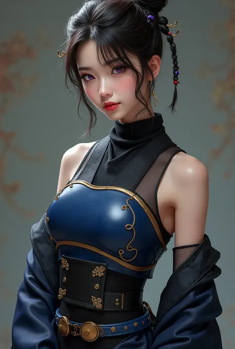 Yukiji is an extremely beautiful woman with fair skin and a slender figure., Her hair is dark brown and is styled in a high bun at the back and a pair of braids on each side of her face that form an arch around her ears and end up attached to the bun at th...