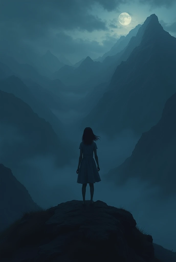 On a high mountain, the darkness of the night surrounds a girl with sadness