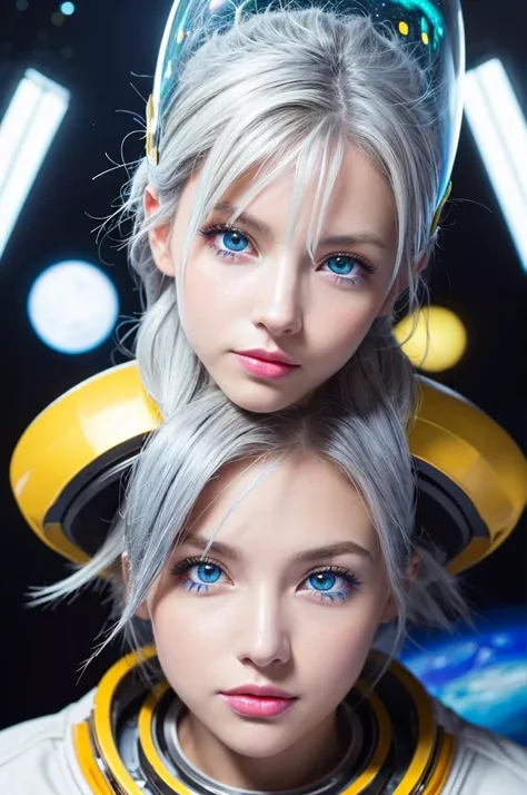 A closer look at a better masterpiece：1.5)0.9]、(Space and astronauts：1.2) (Disheveled silver hair：1.1) (Heterochromia and Yellow and Blue Eyes：1.2) (Space Helmet：1.0) (Colored stars in the eyes：1.0) (Shining Light：1.1) (Thick lips：0.9)Minecraft