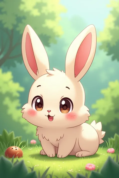 A picture of a cute bunny that wants to be fed. anime style. Kawaii. In its natural environment. open mouth.