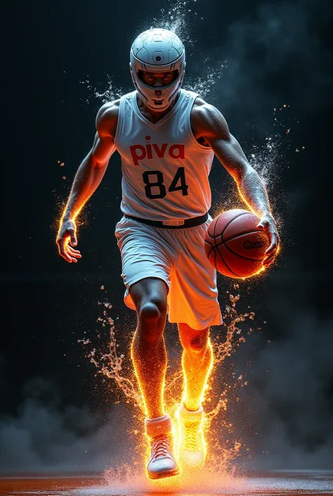 A character with an athletic build, wearing a futuristic basketball uniform ‘84’ with an PIVA emblem on the chest, performing a dynamic slam dunk. The basketball ignites into flames against the stark contrast of a dark background. Surrounding the character...