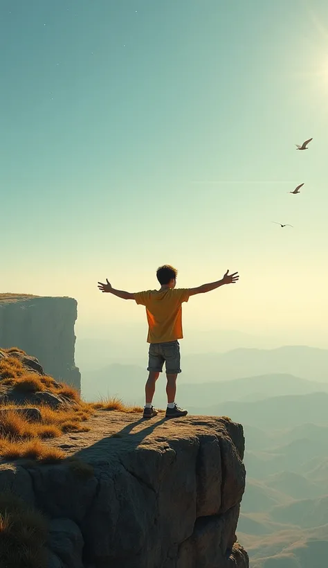 "1 boy, striking a T-pose, stands confidently atop a rugged hill cliff, gazing out over the vast landscape below. The sky is clear and bright, with a few birds soaring high. Despite it being noon, the stars are faintly visible, adding a surreal touch to th...