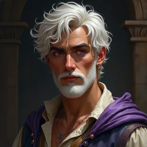 An art Illustration oil painting medieval and fantasy picture, a stunning, handsome young man with an intense gaze, Your skin is gently tanned, your eyes are purple, your hair is medium, wavy and white. Your eyebrow is white. His beard is thin and white, w...