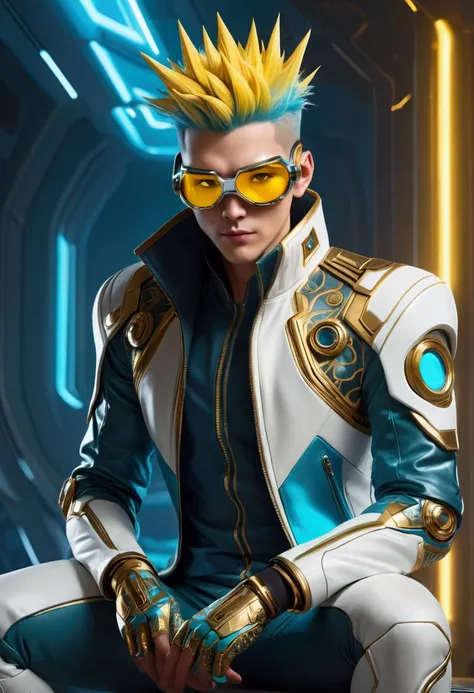 The character in the image is a futuristic, confident male with short, spiky turquoise hair. He is wearing a sleek, high-tech outfit consisting of a white and blue jacket with golden accents, open at the front to reveal a dark, form-fitting suit underneath...