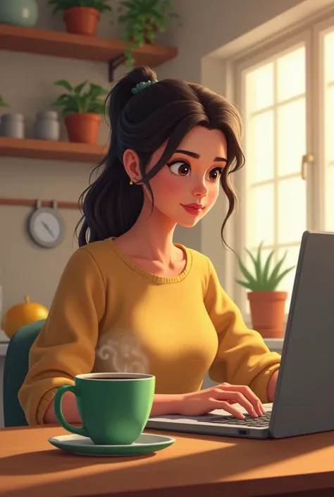 Women on her pc set up in the kitchen with a green coffee cup