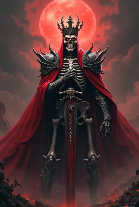 Skeleton king with sword of doom, make a crown, royal red cape