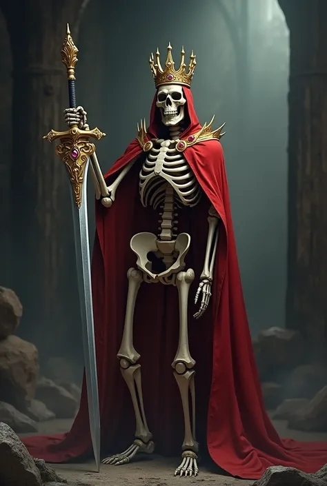 Skeleton king with sword of doom, make a golden crown, royal red cape