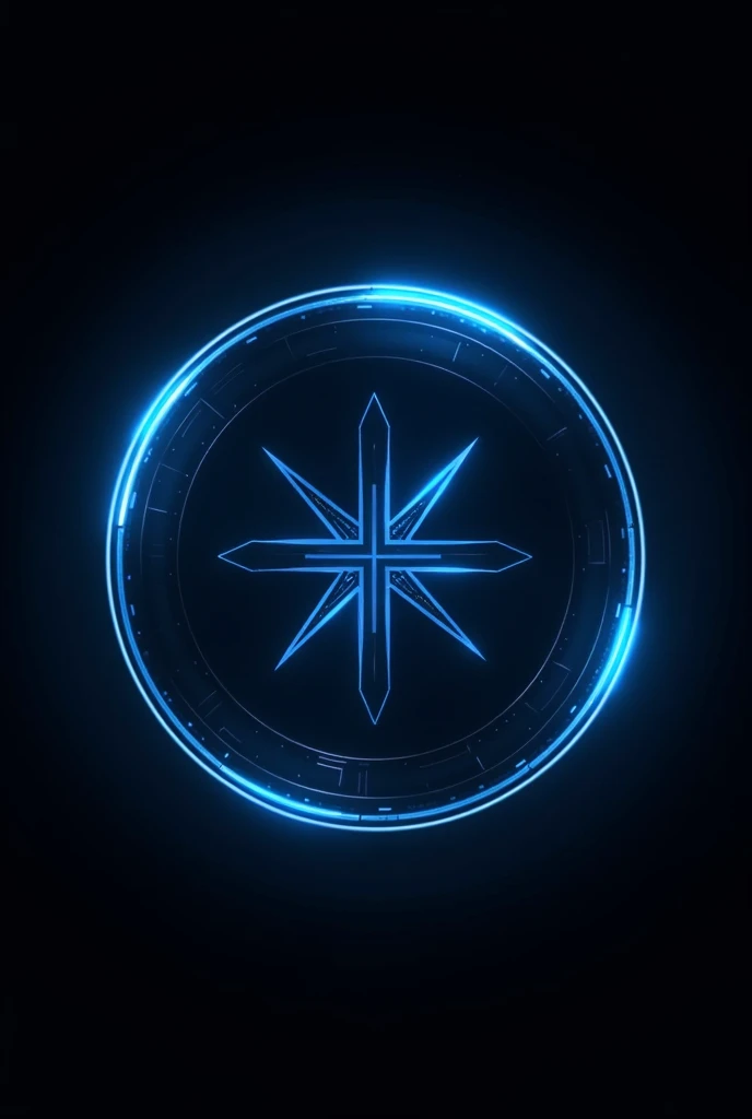 Make a circular logo, that on the edges it has blue neon, and that the logo has a technology theme, that the background is all black, but the circular logo has a dark blue color, that has 4 graphic elements within the logo, like a star, A DIAMOND, and a ra...