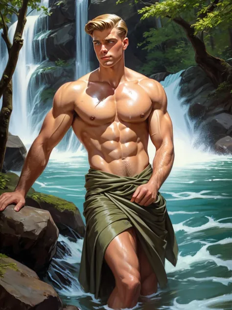 Illustration in Leyendecker style  : Handsome and brave aristocrat, blond muscular Wehrmacht officer (age 25) with aristocratic face, bathing in a waterfall, dress uniform carefully hung on a tree on the shore, dressed only in soldiers tokens, tired, sweat...