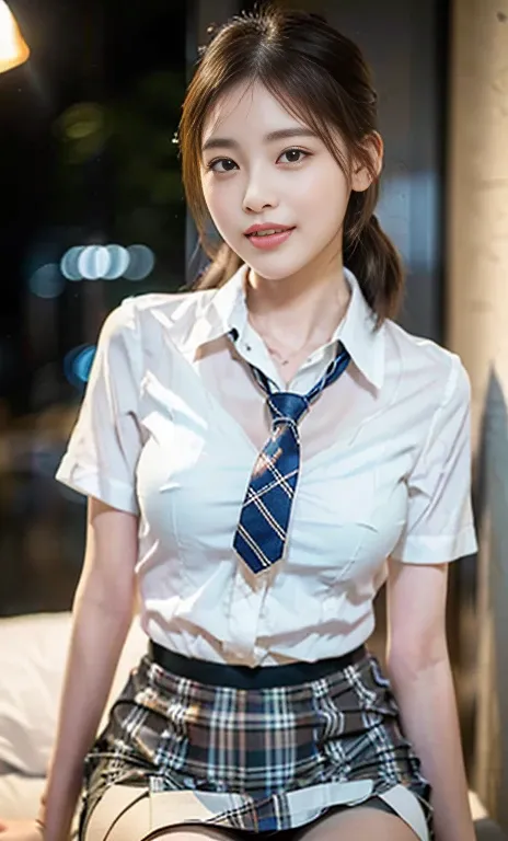 (A stunning Korean lady at night, dark bedroom, wearing a white short-sleeve blouse, plaid tie, plaid skirt, youthful charms, smooth complexion, beautiful detailed face, beautiful detailed eyes and lips, long eyelashes, slender figure, perfect body proport...