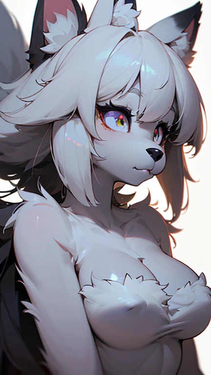 masterpiece,insanely detailed, absurdres, 16K, a girls, kemono, furry face,luminous eyes, narrow eyes,(body fur:1.6), (dog_girl, anthro furry:1.3),(anthro_female_dog:1.3), fluffy fur,, pointy breasts,white background, upper body,gothic lolita, gothic atmos...