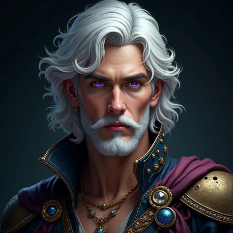 1 young handsome man with intense gaze,medium wavy white hair,sparse white beard,purple eyes,softly tanned skin,high detailed jewelry,luxurious medieval clothing,dark background,(best quality,4k,8k,highres,masterpiece:1.2),ultra-detailed,(realistic,photore...