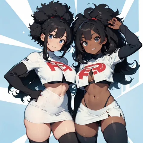 1 female, afro hair, black afro hair black girl afro hair, darker skin, brown skin, huge breast, thick legs, light blue eyes, team rocket uniform, white mini skirt, boots, home, happy face