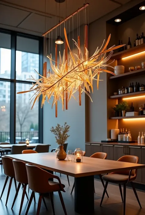 "Create a chandelier kinetic sculpture for cafe, with an 18-foot-high ceiling and room dimensions of 14 feet by 18 feet. The sculpture should feature a modern design with moving elements that respond to air. Use sleek, minimalist materials like metal, wood...