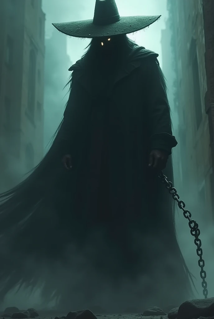  A male spectre of imposing appearance, known for wearing a huge wide-brimmed hat that hides his face. Its silhouette is robust, with broad shoulders and strong arms, which gives it an intimidating presence. His steps are heavy, and is said to drag a large...