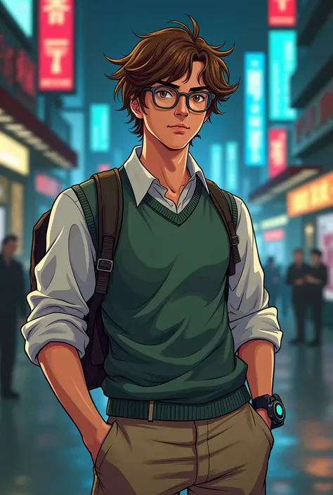 Pass me a nerdy guy, with messy brown hair, with a w-shaped glasses on the eye, dressed in a nerdy outfit in the style of Sheldon from The Big Bang Theory. A device such as a computer watch. Make the drawing in Cyberpunk style 