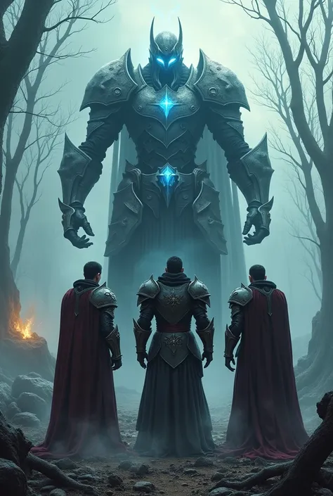 3 big heroes, death king of a world, vengeance and revenge, armored, full armed, looking aggressive, no man’s land, ashes on the ground, burned tree, blue eyes, zombie 