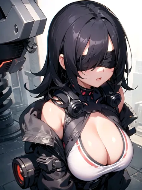 1girl, ((cleavage)), wide hip, (cyborg), black hair, hair over shoulder, hair over one eye, messy hair, blindfold, masterpiece, best quality, plump