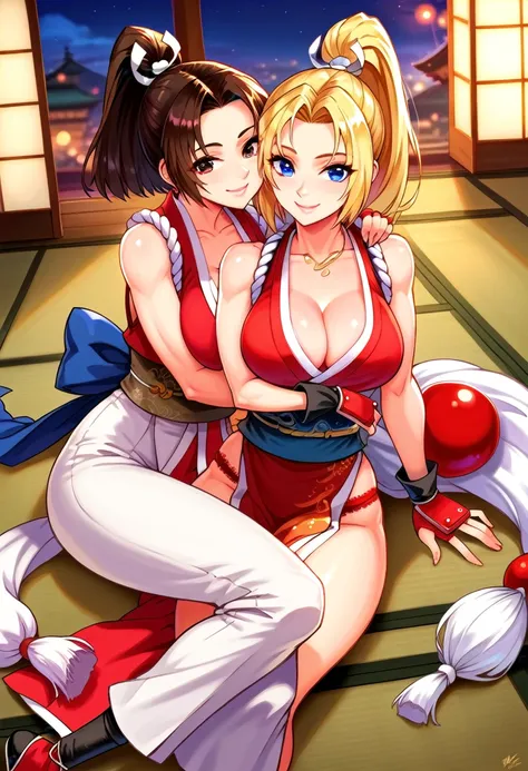 two woman kissing each other, score_9, score_8_up, score_7_up, 1girl, solo, BlueMary, short hair, blue eyes,pants, crop top, turtleneck, belt, large breasts, fingerless gloves, necklace, standing, standing, lying on floor, on side, flirtatious smile, looki...