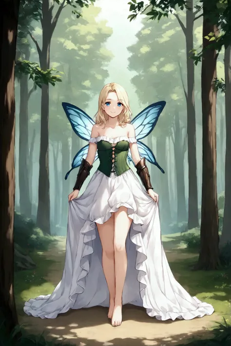 Masterpiece, superlative, 1 girl, smiling, fantasy, full body, (1 girl, 53", small, 125 pounds, 23-years-old, simple white dress, off the shoulder, wench dress, dark green corset, barefoot, leather arm guards, long light brownish-blonde hair, small fairy w...