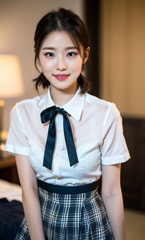 (A stunning Korean lady at night, dark bedroom, wearing a white short-sleeve blouse, plaid tie, plaid skirt, youthful charms, smooth complexion, beautiful detailed face, beautiful detailed eyes and lips, long eyelashes, slender figure, perfect body proport...